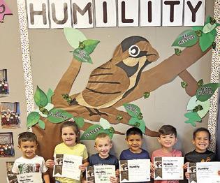 SEVEN KINDERGARTEN STUDENTS at Caldwell Elementary School were recognized with Person of Value for Humilty certificates. Pictured, from left, are Devin Trevino, Sawyer O’Donovan, Greyson Warren, Luis Valdez, Brantley Balderas and Dessiah Lopez. Not pictured is Abree Harris.