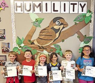 SEVEN FIRST-GRADE students at Caldwell Elementary School were recognized with Person of Value for Humility certificates. Pictured, from left, are Bentley Donahue, Asher Luna, Vivienne Etheredge, Avigail Arreola-Calzada, Easton Brinson and Isabell Brown. Not pictured is Nicolas Jaimes.