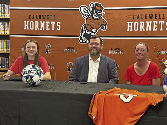 CALDWELL LADY HORNET soccer player Cadie Coston recently signed her letter of intent to continue her soccer journey at Hill College in Hillsboro. Last season, the Lady Rebels were 13-3-2 overall and a perfect 7-0 in conference play, including a trip to the NJCAA DI Women’s Soccer Championship. -- Photo courtesy of Tammie Novosad, CISD