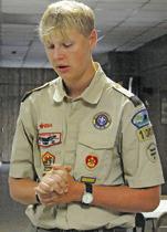 ALEXYORK,anEagle Scout candidate from Somerville, spoke to those attending Friday’s flag retirement ceremony at VFW Post 4458 in Caldwell about his Eagle Scout project -- to build boxes for county residents to leave old flags needing to be retired.